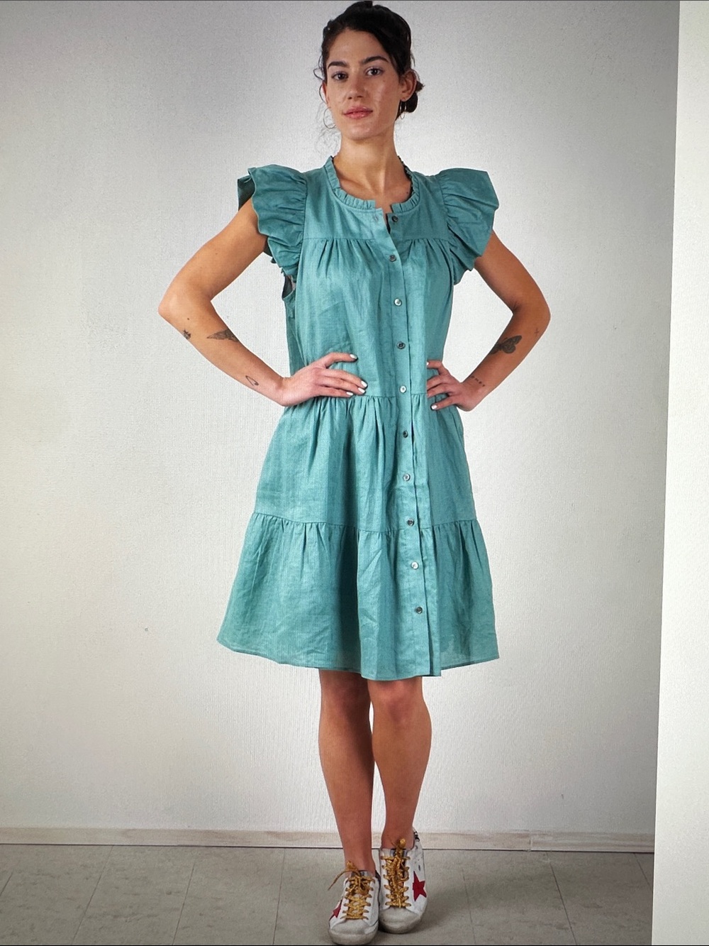 Sea Teal Ruffled Sleeve Button-Front Mini Dress